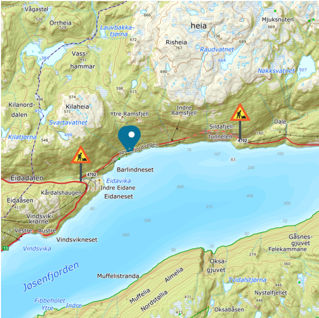 Kart som viser at vegen er stengt fra krysset ved Jøsenfjorden og ned til bygda. - Klikk for stort bilete