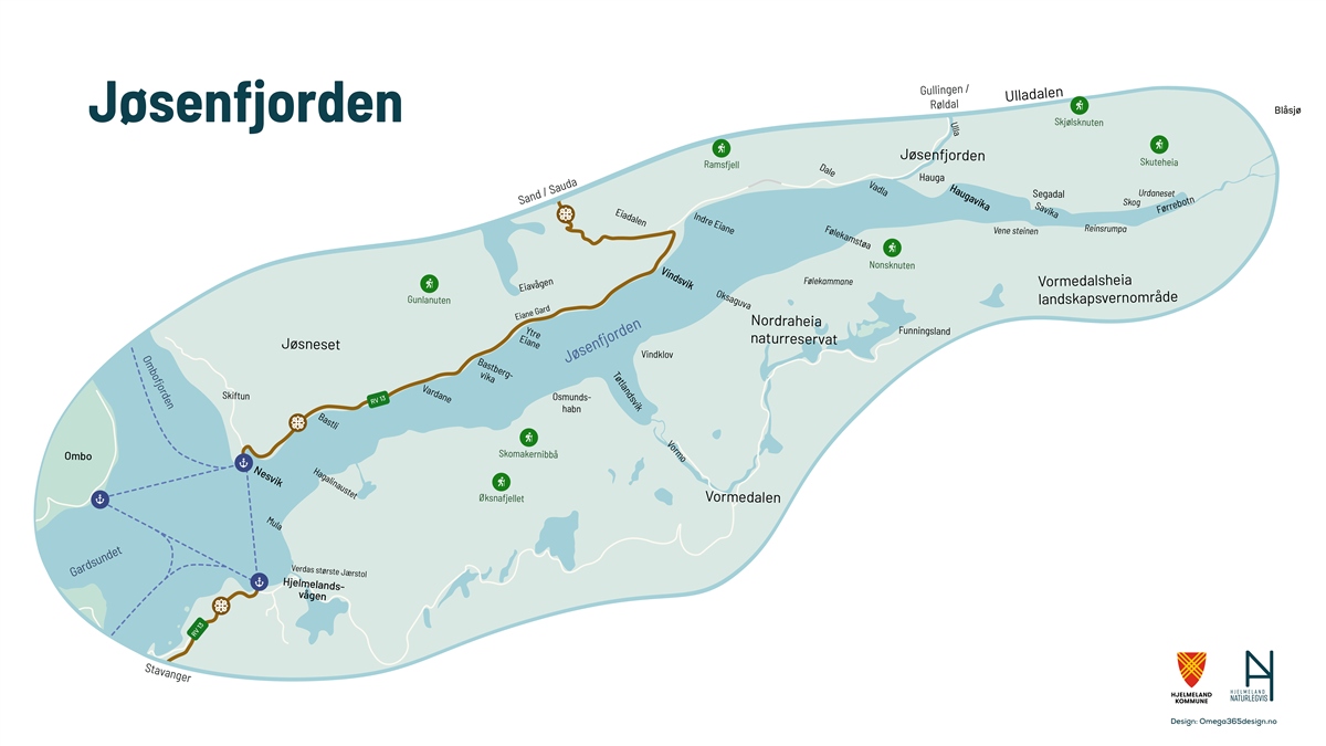 Kart over Jøsenfjorden og attraksjonane der - Klikk for stort bilete