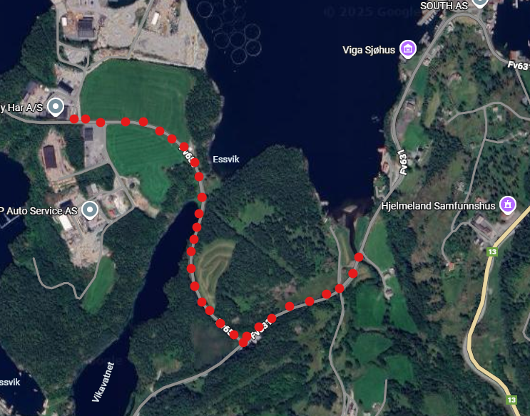 Kart som viser at vegen mellom Viganeset og Viga bru - Klikk for stort bilete