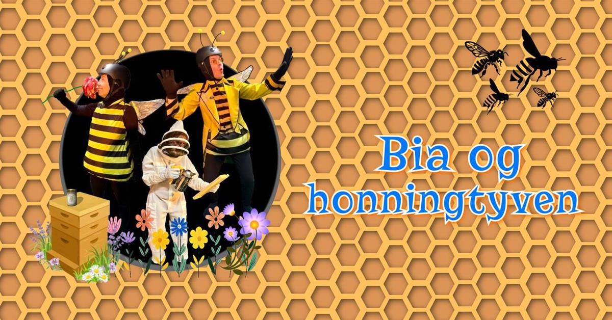Plakaten har ein bakgrunn lik bikuberutene med ein runding med to folk som har kledd seg ut som bier og ein honningtyv kledd som ein birøktar