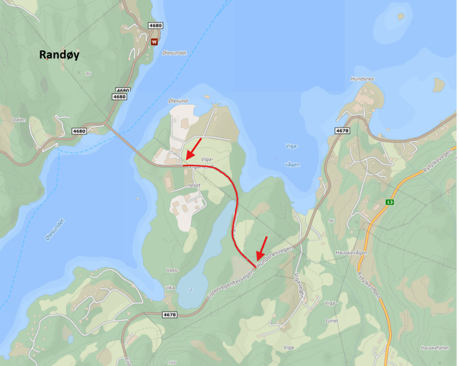 Kartet viser at vegen er stengt frå Randøykrysset til litt før Randøy bru - Klikk for stort bilete