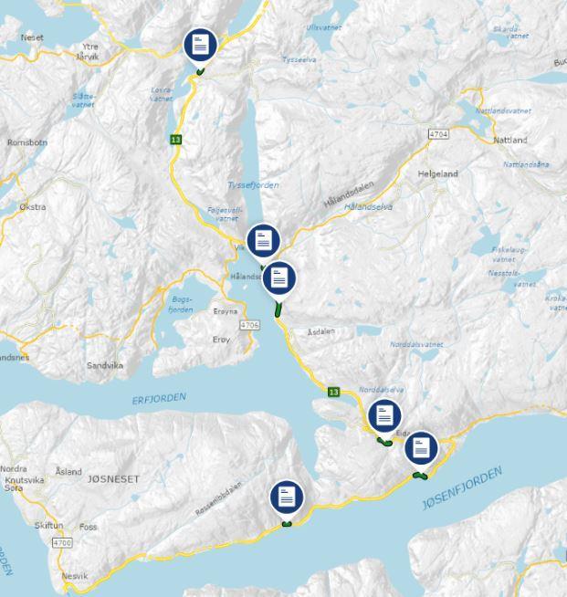 Kart over tunnelane det blir arbeid i, Hjelmeland og Suldal - Klikk for stort bilete