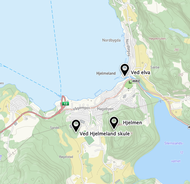 Kart som viser gapahukane på Hjelmeland - Klikk for stort bilete