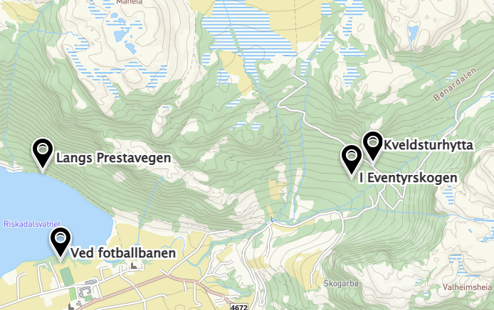 Kart som viser gapahukane i Årdal - Klikk for stort bilete